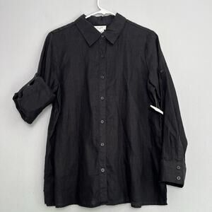 NWOT Kate Hill Women's Linen Button Up Shirt Black Petite Sz L Minimalist Boho
